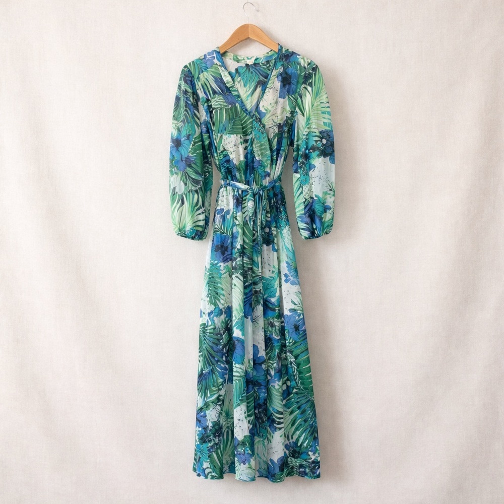 AUTRES FILLES Sheer Tropical Maxi Dress Duster Green Blue Belted S